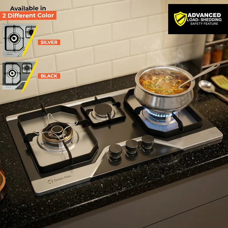 Glam Gas 3 burner built-in hob with advanced load shedding safety feature, brass burners, auto ignition, silver and black colors