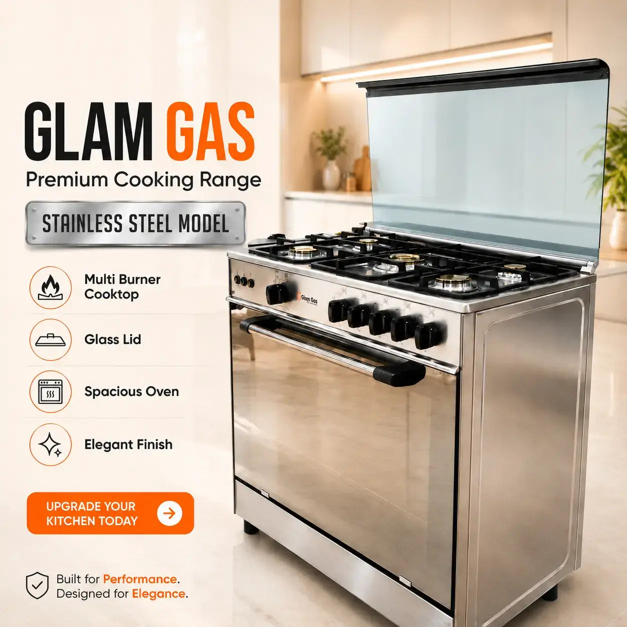 Glam Gas Baker's 34 stainless steel cooking range in modern Pakistani kitchen