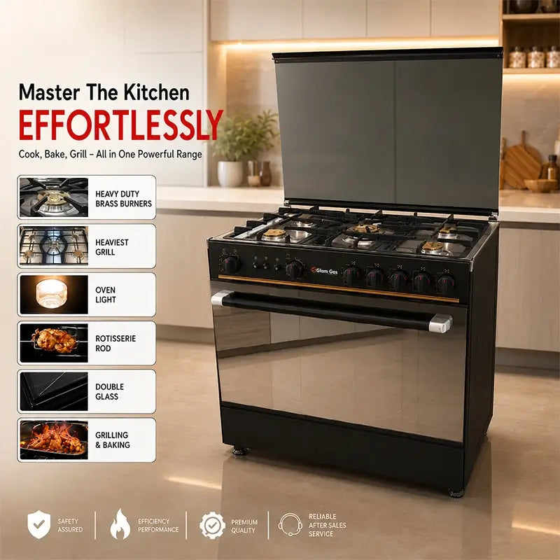 Glam Gas Black Forest 34 inch black gas cooking range with brass burners rotisserie rod double glass door Pakistan