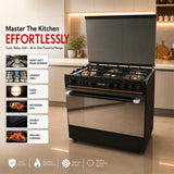 Glam Gas Black Forest 34 inch black gas cooking range with brass burners rotisserie rod double glass door Pakistan