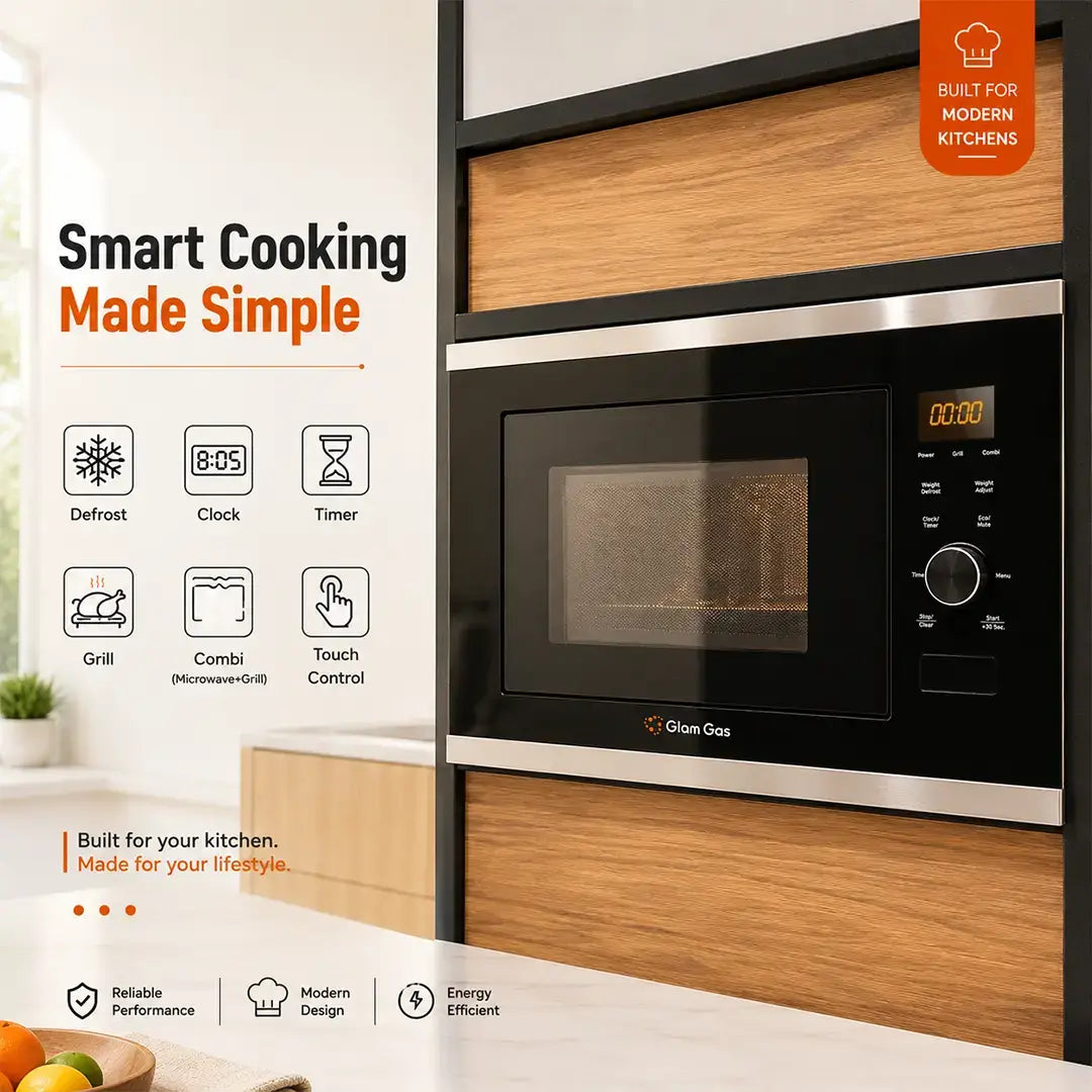 Glam Gas BM-120 built-in microwave oven installed in modern kitchen with defrost grill combi and touch control Pakistan