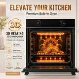Glam Gas built-in electric oven with 3D heating technology for even baking, featuring top, back, and bottom heaters in a modern kitchen design