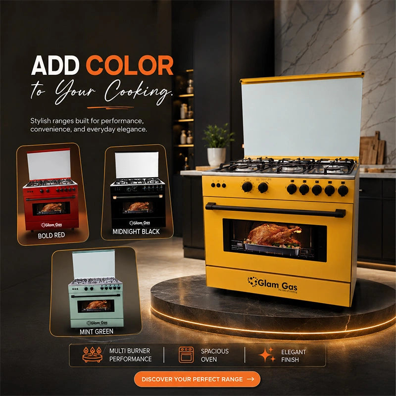 Glam Gas Chef 34 cooking range available in Bold Red Midnight Black Sunshine Yellow and Mint Green Pakistan