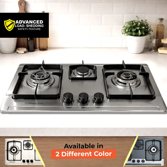 Glam Gas GG-10 3 burner built-in hob with advanced load shedding safety, stainless steel body, brass burners and auto ignition