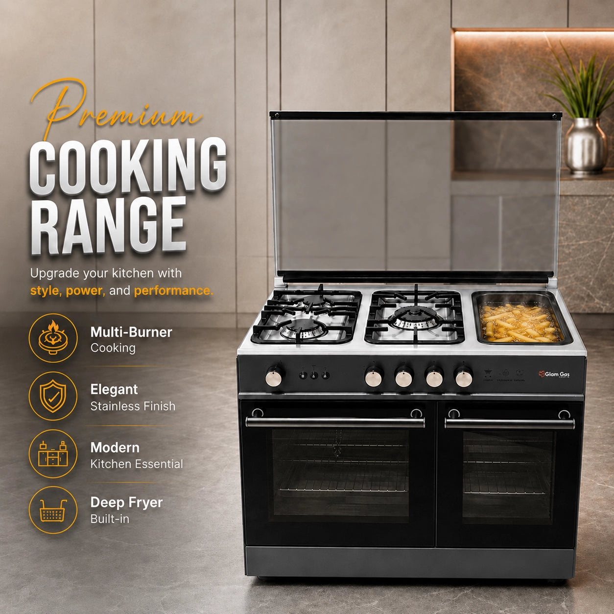 Glam Gas Glamour 37 Gray premium cooking range with multi-burner cooktop and built-in deep fryer Pakistan