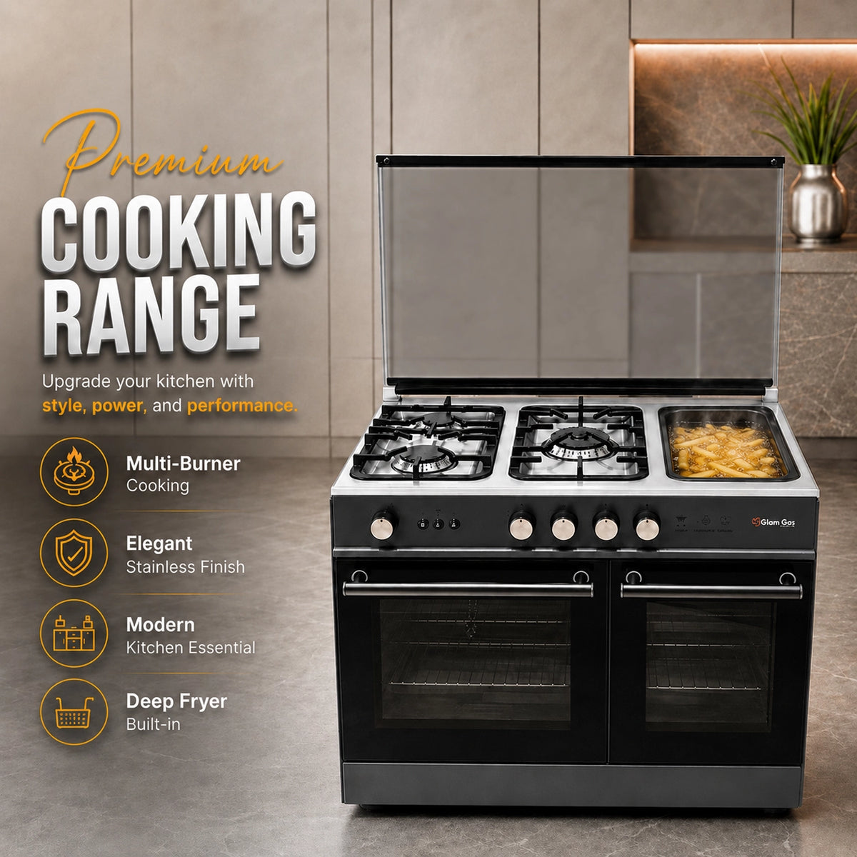 Glam Gas Glamour 37 Gray premium cooking range with multi-burner cooktop and built-in deep fryer Pakistan