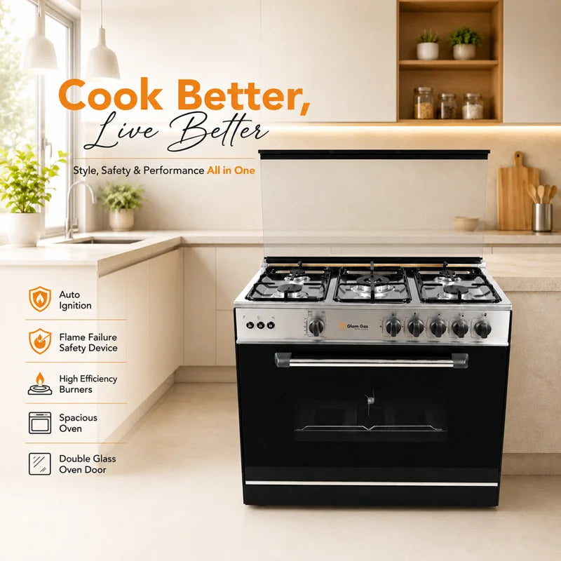 Glam Gas Griller's 34 gas cooking range with stainless steel top black oven flame failure safety auto ignition spacious oven Pakistan