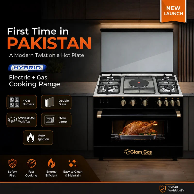 Glam Gas Hybrid 34 electric and gas cooking range with 4 gas burners, hot plate and spacious oven in Pakistan