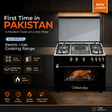 Glam Gas Hybrid 34 electric and gas cooking range with 4 gas burners, hot plate and spacious oven in Pakistan