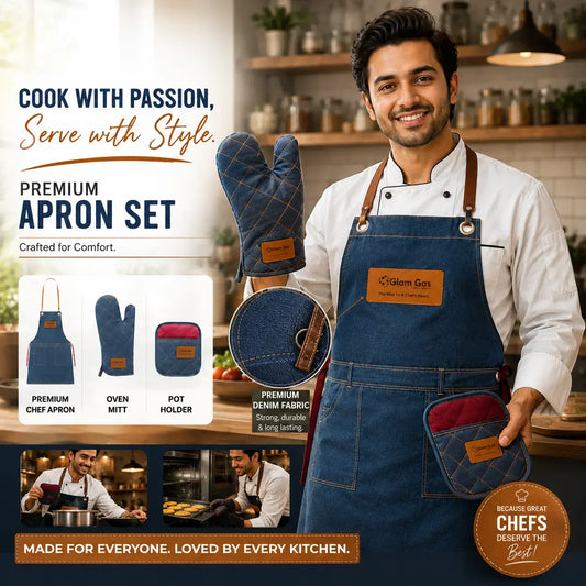 Glam Gas Premium Chef Apron Set with Oven Mitt and Pot Holder Premium Denim Kitchen Cooking Set Pakistan