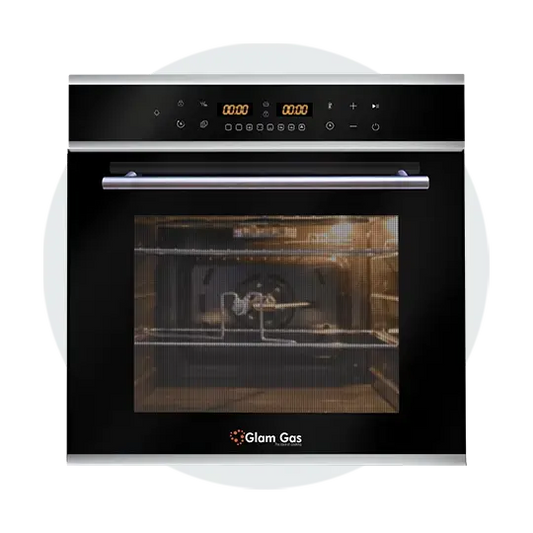 Black oven with digital control panel on a white background, featuring the Glam Gas brand.