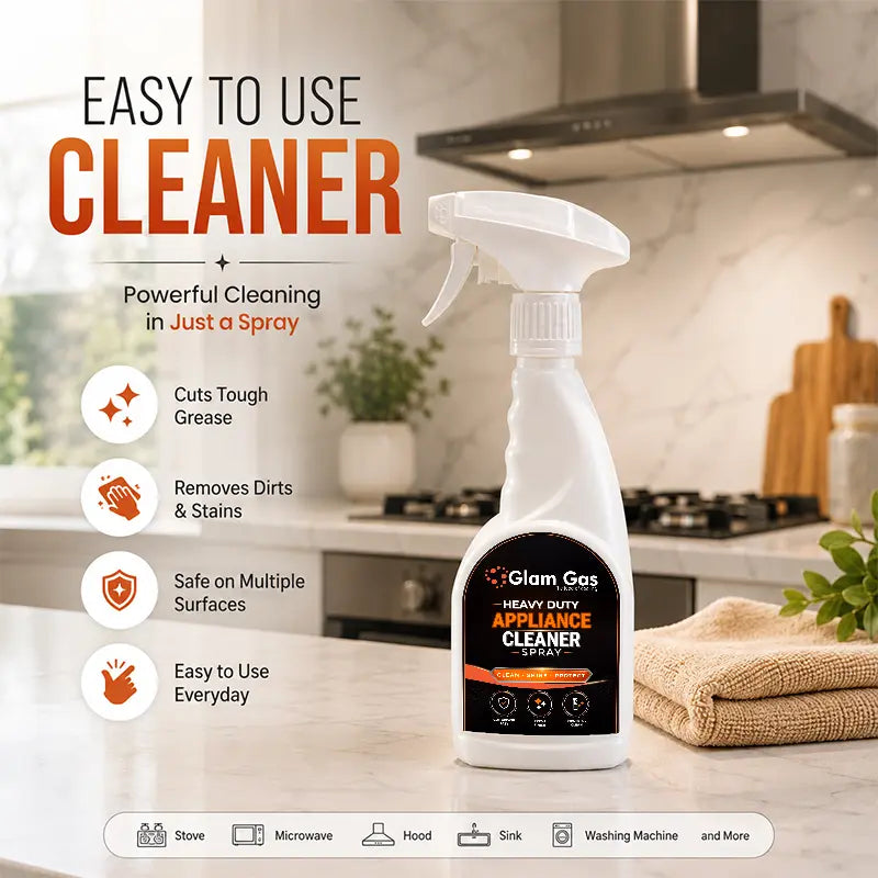 lam Gas Heavy Duty Appliance Cleaner Spray bottle on kitchen counter for stove, microwave, hood, sink, washing machine