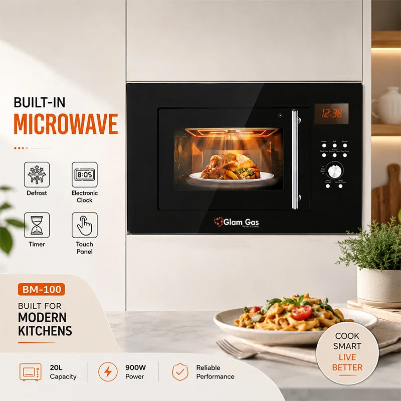 Glam Gas BM-100 20L built-in microwave oven with digital display, installed in modern kitchen
