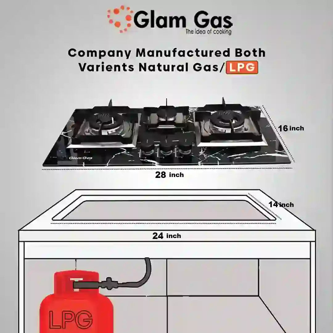 Glam Gas Hob | Greynite | Tempered Glass | 3 Burner | Kitchen Stove | Gas Stove
