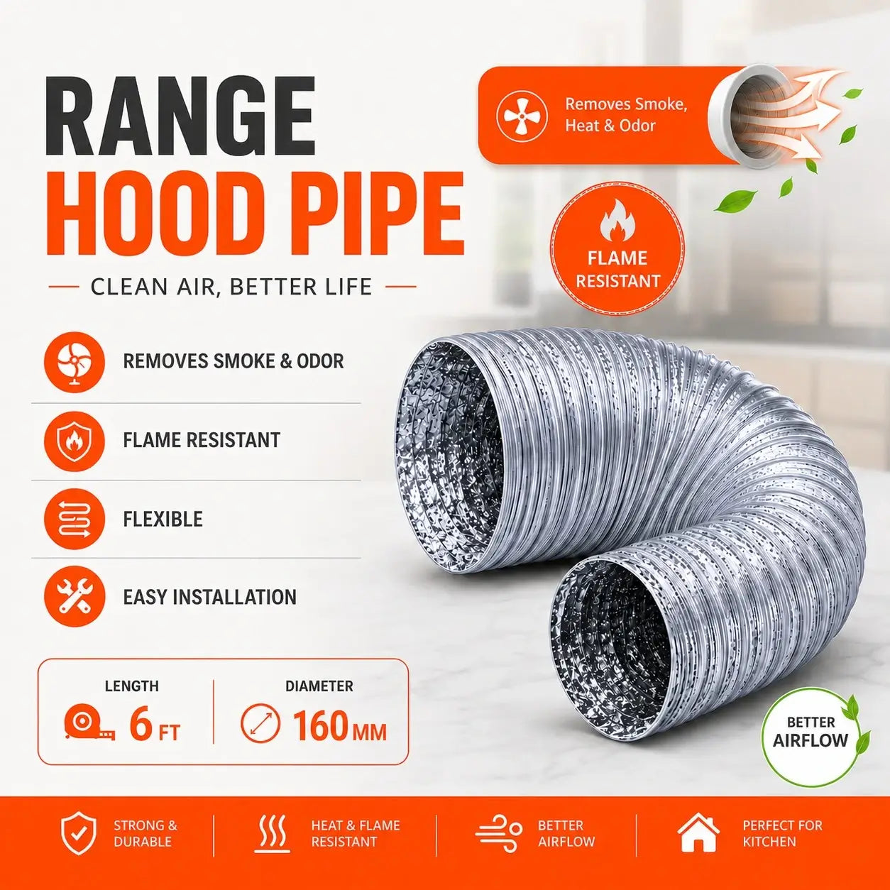 Buy range hood pipe 160mm flexible duct in Pakistan – kitchen hood exhaust pipe price Glam Gas