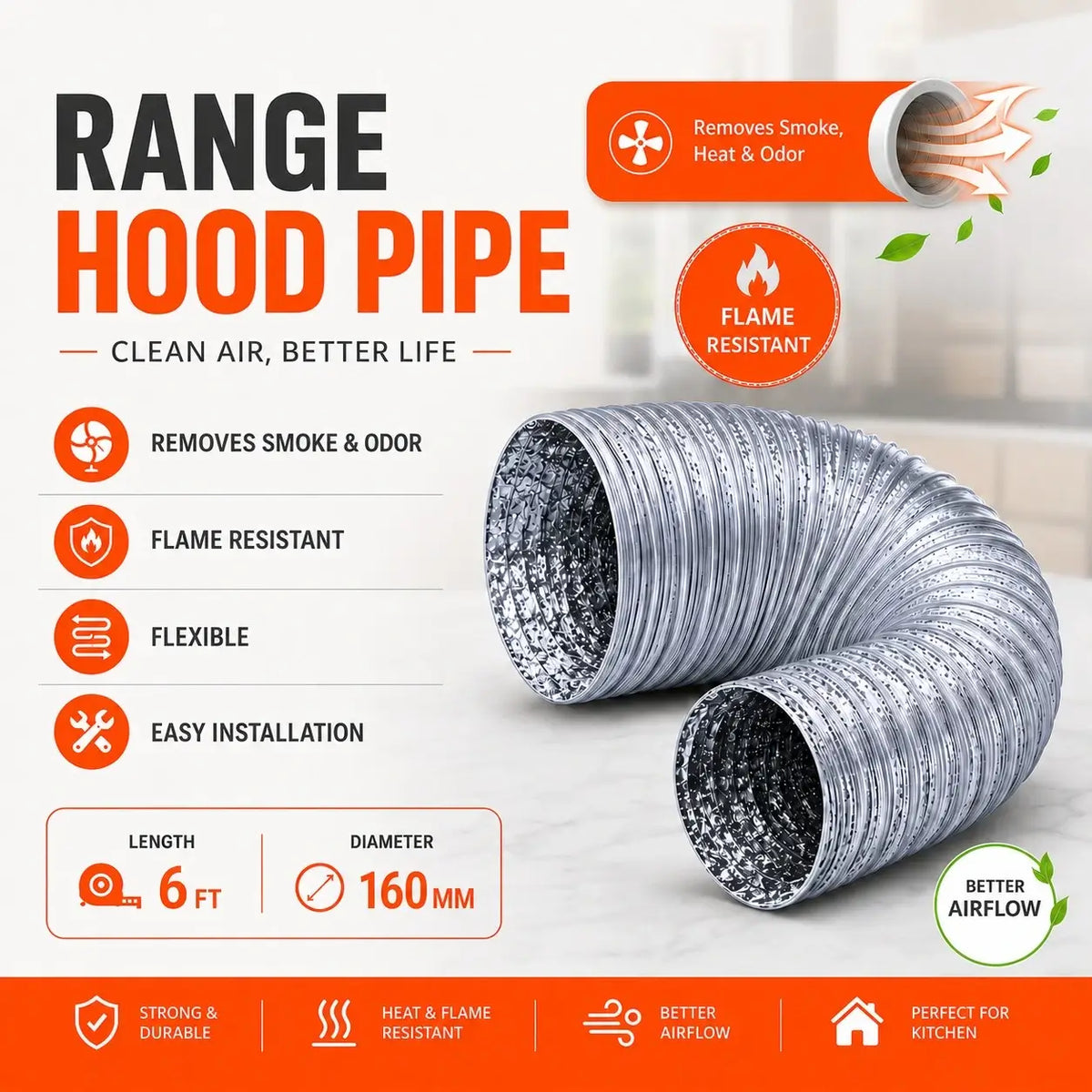 Buy range hood pipe 160mm flexible duct in Pakistan – kitchen hood exhaust pipe price Glam Gas
