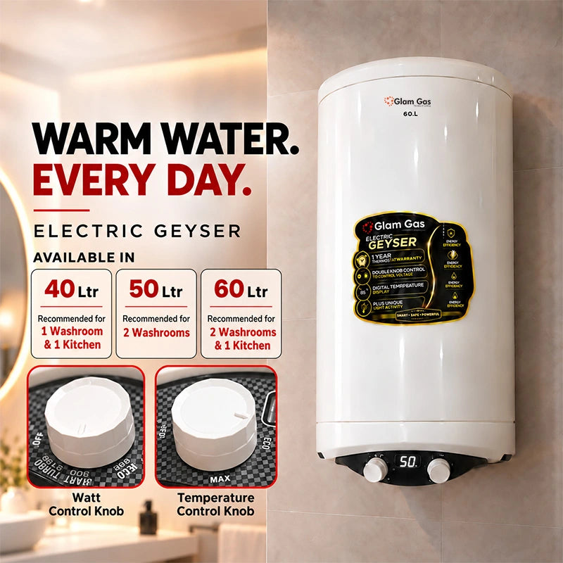 Glam Gas DUAL electric geyser 40, 50 and 60 liter with dual knob control