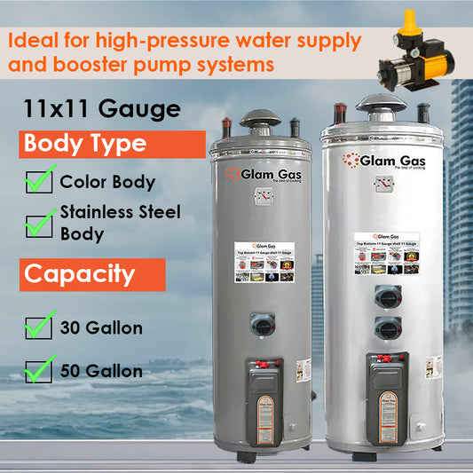 11×11 Gauge Geyser | Gas + Electric | Stainless Steel & Color Body | 30 & 50 Gallon | High Pressure