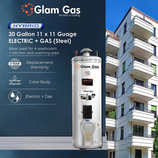 Glam Gas Water Heater | Water Heater | Geyser | 30 Gallon 11x11 Gauge Electric + Gas Stainless Steel