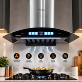 Glam Gas Range Hood Star Silver stainless steel curved glass kitchen hood with touch control and LED light