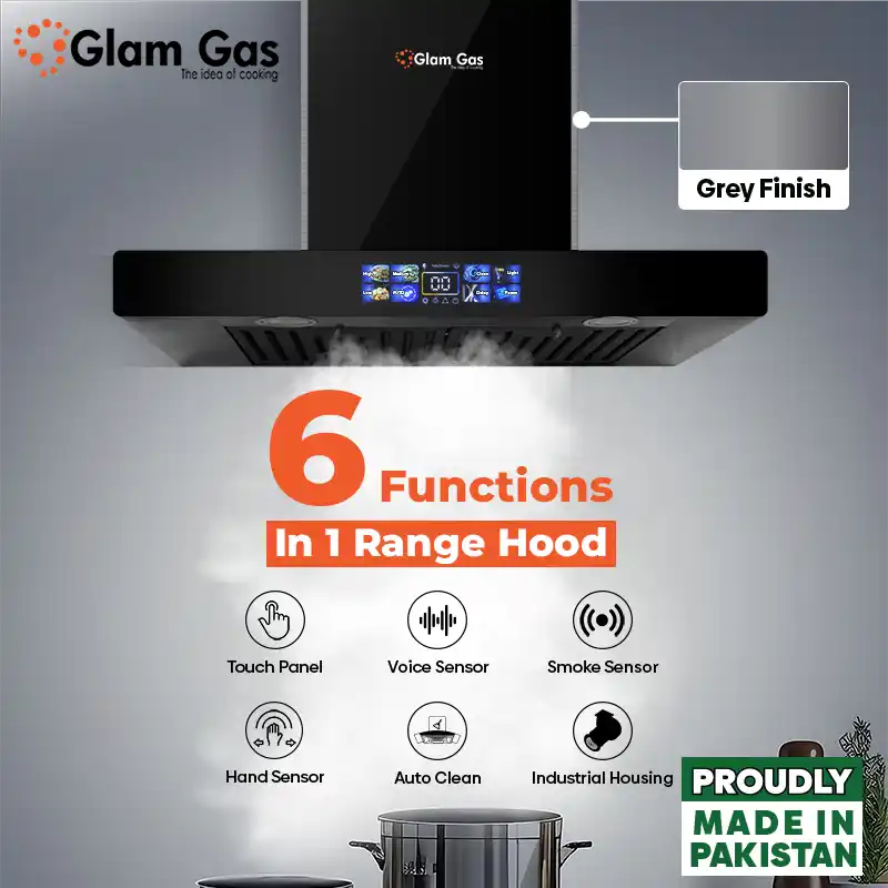 Thunder-12 T-Shaped Kitchen Hood (75cm & 90cm) with 6 functions, auto-clean, smoke sensor, and LED lighting for efficient kitchen ventilation